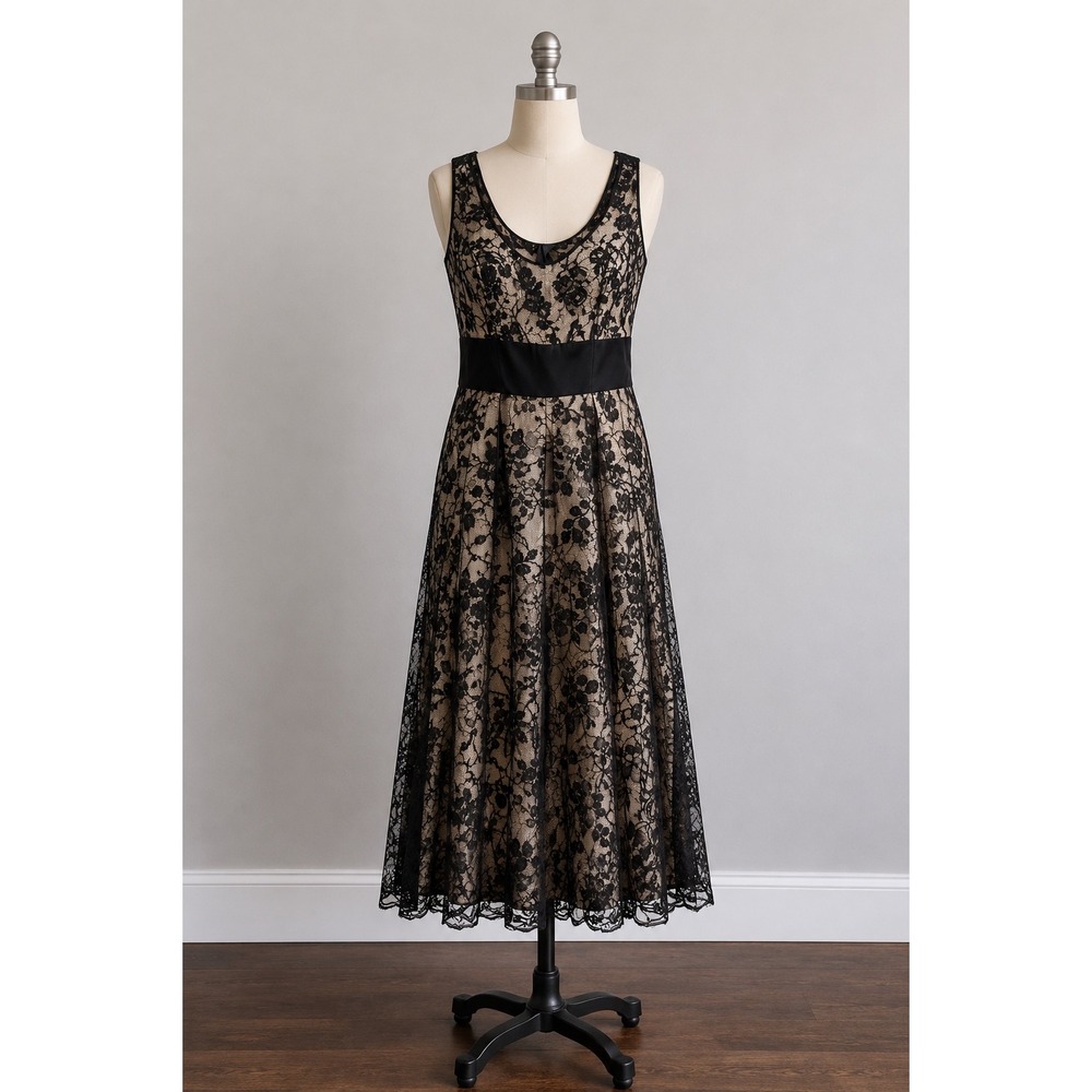 Vivienne Tam Dress Womens 8 Black Silver Lace Velvet Waistโ Floral Midi Evening